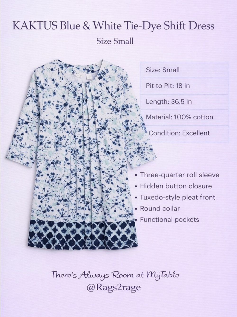 Kaktus Blue White Tie Dye Shift Dress Small Cotton Pockets